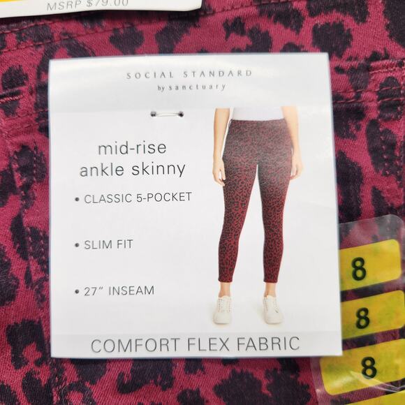 NWT Social Standard by Sanctuary Oxblood Cheetah Skinny Ankle Jeans Women's 8 - Picture 10 of 12